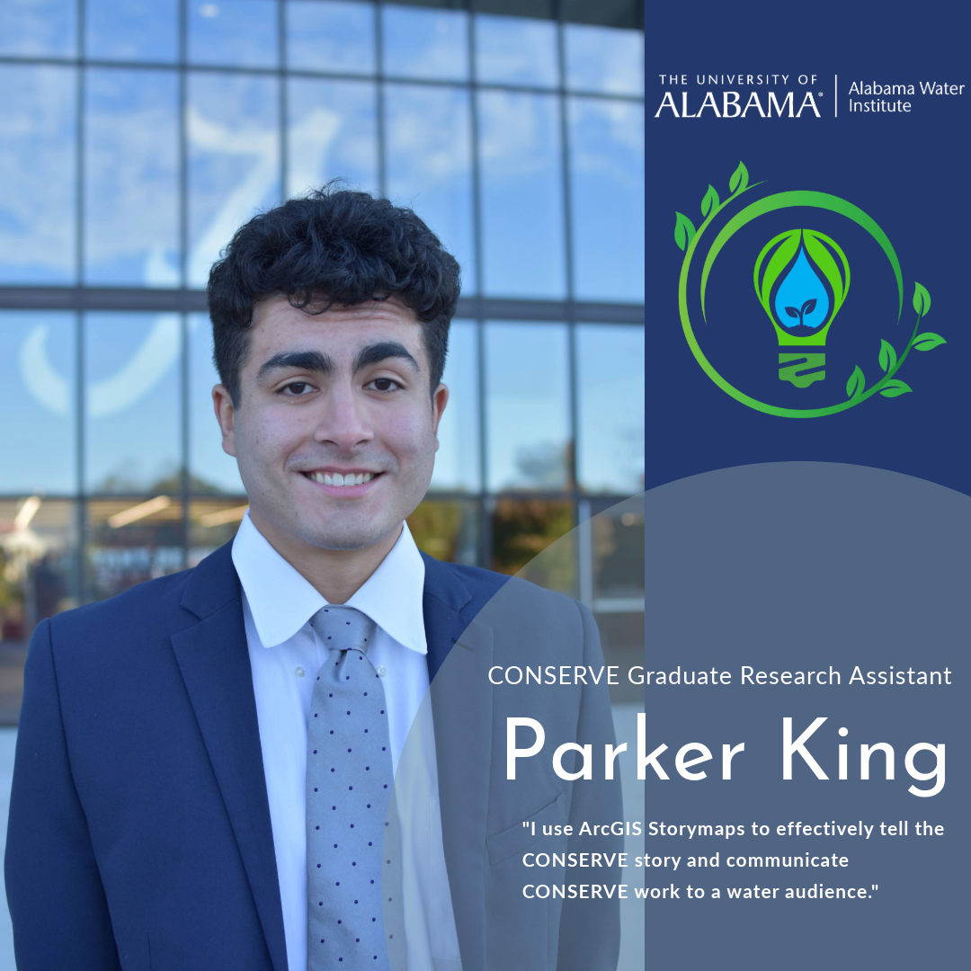CONSERVE Graduate Research Assistant Parker King
"I use ArcGIS Storymaps to effectively tell the CONSERVE story and communicate CONSERVE work to a water audience."